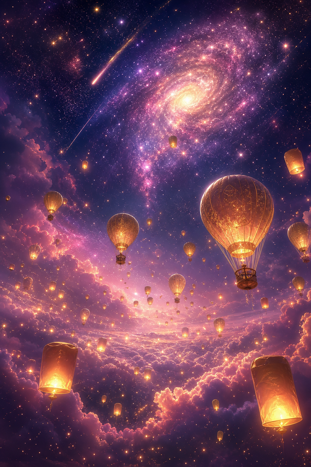 Lanterns and balloons rising into a galaxy, representing dreams