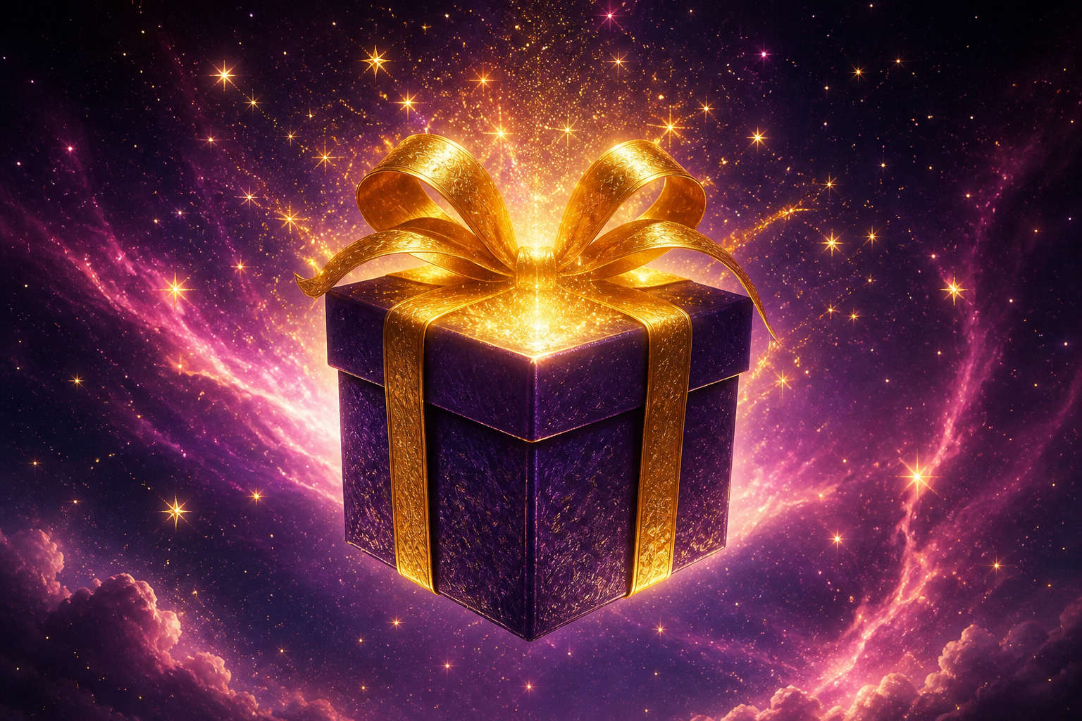 A glowing gift box wrapped in gold ribbon
